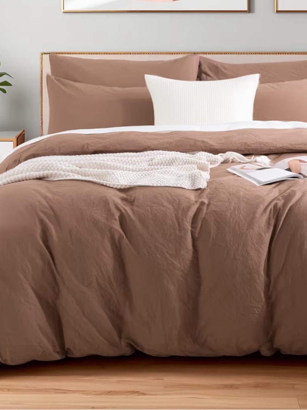 California King Mocha Brown Washed Cotton Duvet Cover. Soft Breathable Bedding